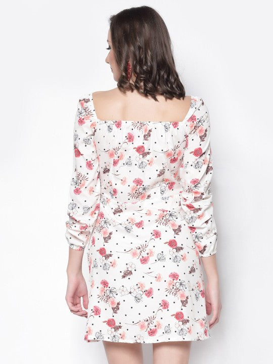 Floral Printed Sweetheart Neck Crepe A-Line Dress