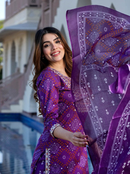 Ethnic Motifs Printed Embroidered Pure Cotton Kurta with Trousers & Dupatta