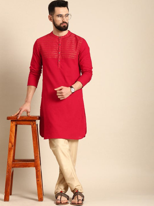 Men Red Striped Pure Cotton Kurta