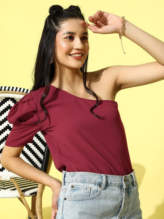 Berrylush Red One Shoulder Puff Sleeve Top