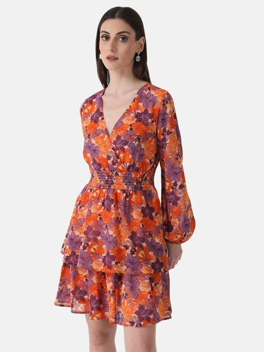 Floral Print V-Neck Smocked Georgette Wrap Dress