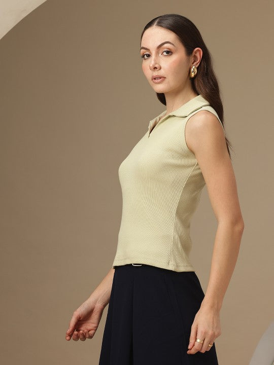 Polo Collar Sleeveless Ribbed Top