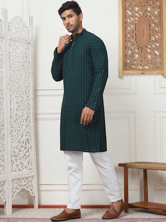 Olive Green Ethnic Motifs Embroidered Sequinned Kurta with Pyjamas