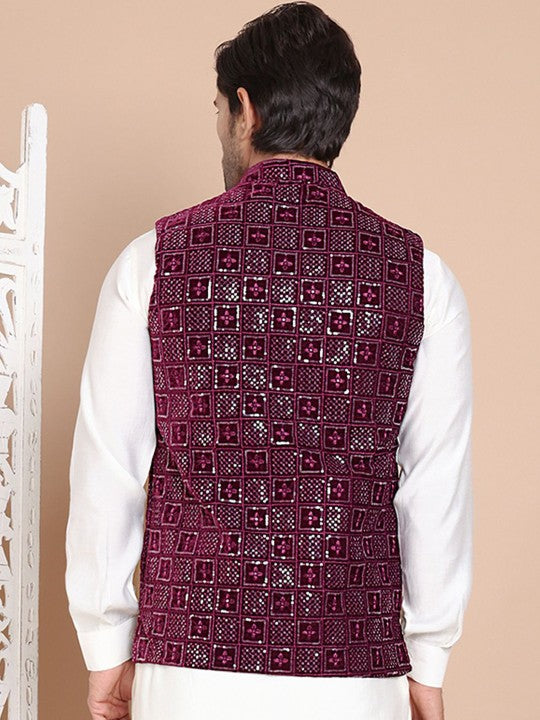 Sequin‑Embroidered Velvet Nehru Jacket