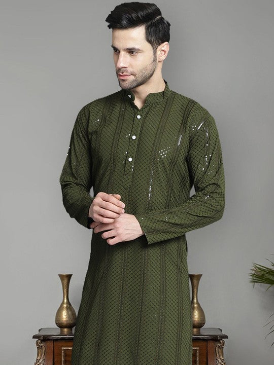 Men Embroidered Flared-Sleeves Thread-Work Kurta