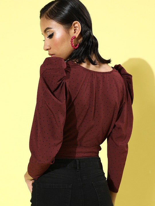 Polka Dot Printed Sweetheart Neck Crepe Wrap Crop Top