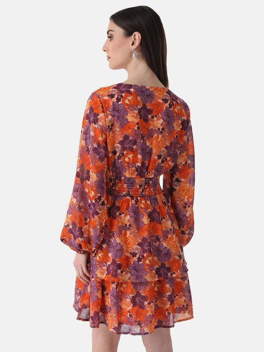 Floral Print V-Neck Smocked Georgette Wrap Dress