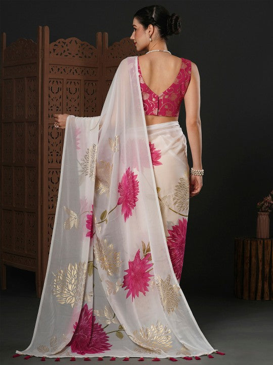 White & Pink Floral Printed Pure Georgette Saree