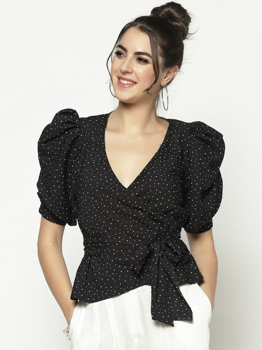 Sera Black & Off White Printed Puff Sleeves Crepe Wrap Top