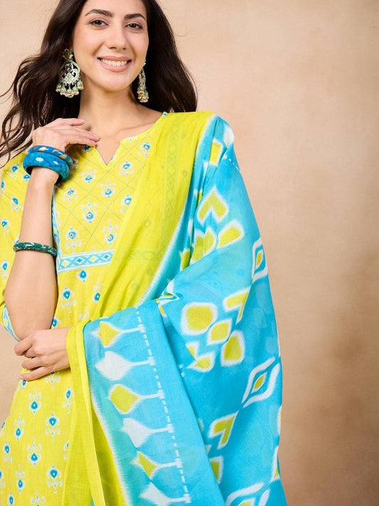 Ethnic Motifs Printed Pure Cotton Notched Neck Straight Kurta with Trouser & Dupatta