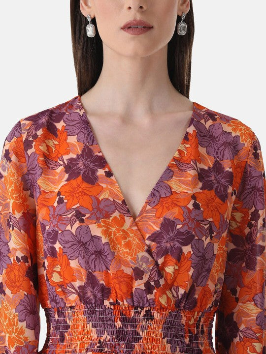 Floral Print V-Neck Smocked Georgette Wrap Dress