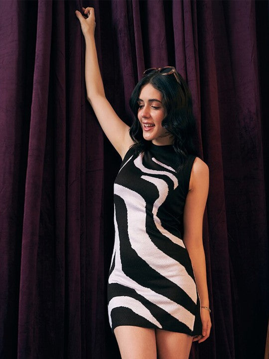 Black Abstract Printed Sleeveless Acrylic Mini Bodycon Dress