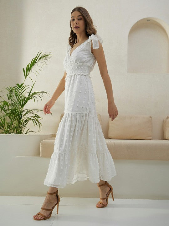 Berrylush White Self Design V-Neck Smocked Maxi Dress