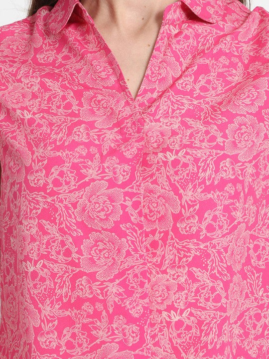 Floral Printed Shirt Collar Crepe Top