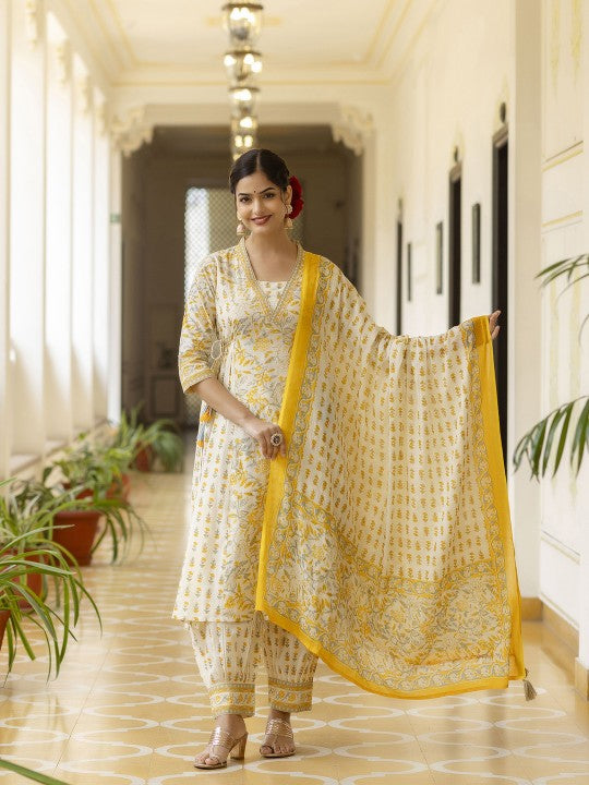 Floral Printed Sequined Mirror Work A‑Line Pure Cotton Kurta with Patiala & Dupatta