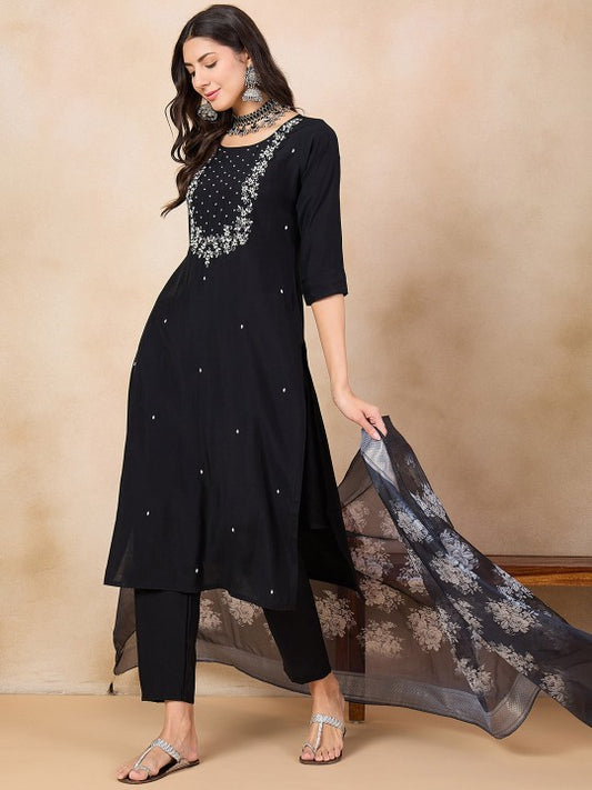 Black Ethnic Motifs Embroidered Chanderi Silk Straight Kurta with Trouser & Dupatta