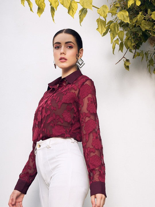 Maroon Self Design Spread Collar Casual Shirt