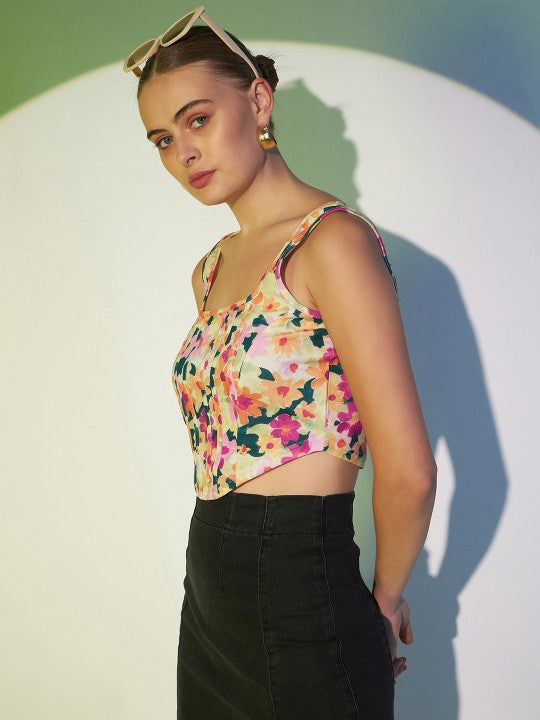 White Floral Printed Square Neck Sleeveless Regular Crop Top
