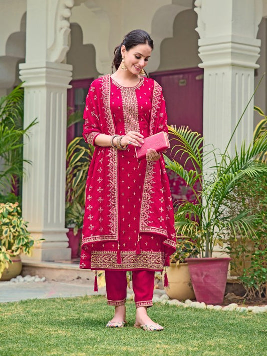 Floral Embroidered Regular Sequinned Straight Kurta with Trousers & Dupatta