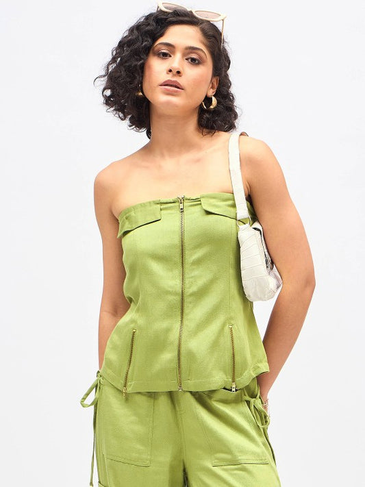 Off Shoulder Twill Front Zip Tube Top