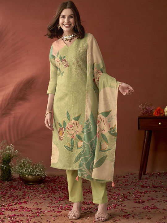 Green Floral Embroidered Beads & Stones Linen Kurta with Trousers & Dupatta