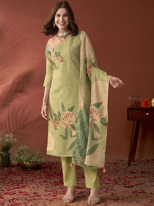 Green Floral Embroidered Beads & Stones Linen Kurta with Trousers & Dupatta