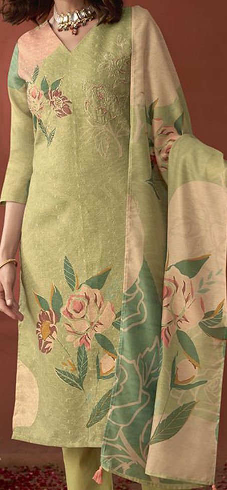 Green Floral Embroidered Beads & Stones Linen Kurta with Trousers & Dupatta