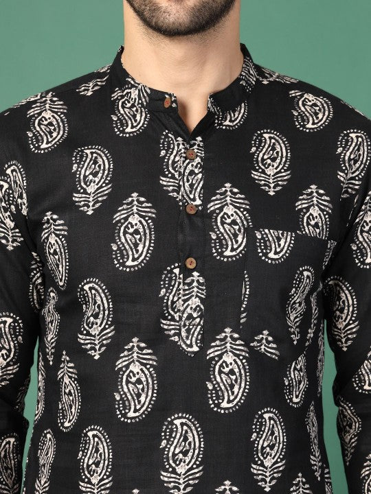 Black Paisley Printed Band-Collar Pure Cotton Straight Kurta