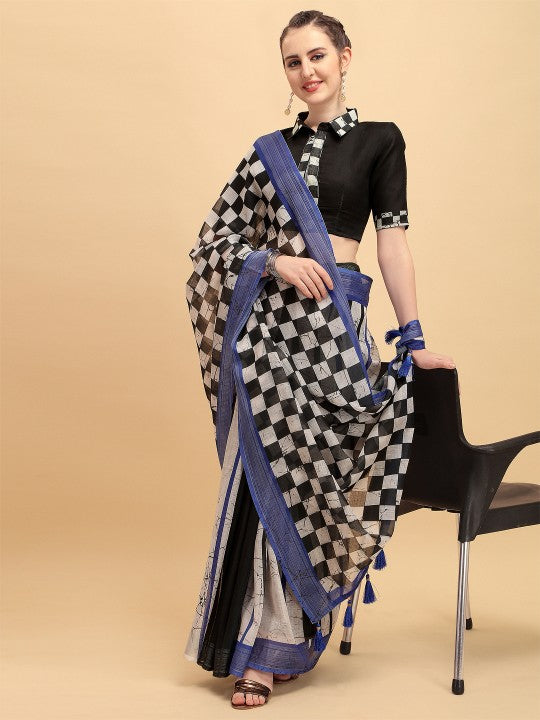 White & Black Checked Pure Linen Saree