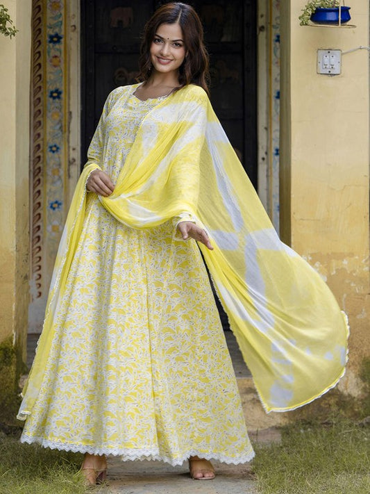 Floral Printed Pure Cotton Panelled Anarkali Kurta with Dupatta