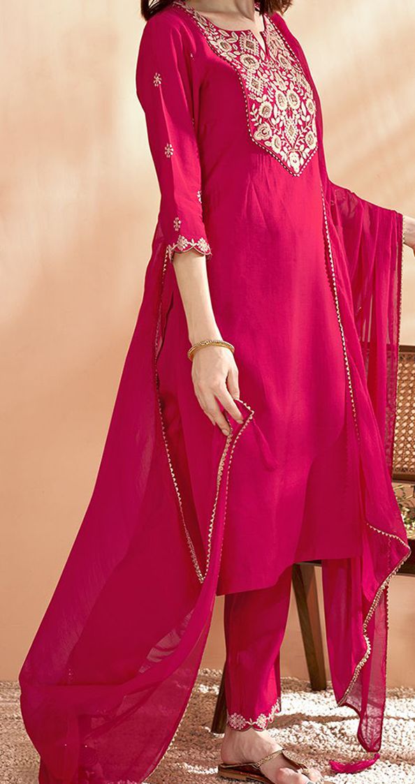 Pink Floral Yoke Design Thread Work Chanderi Silk Kurta with Trousers & Dupatta