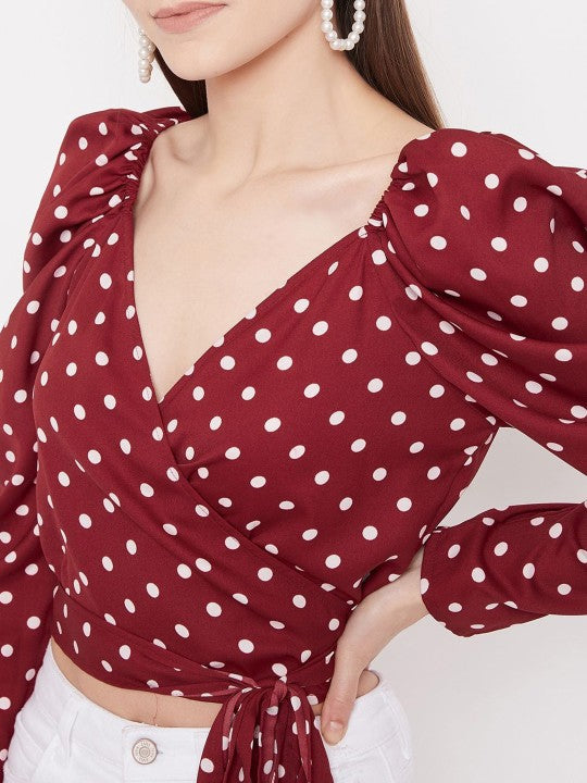 Polka Dot Print Puff Sleeve Wrap Crop Top