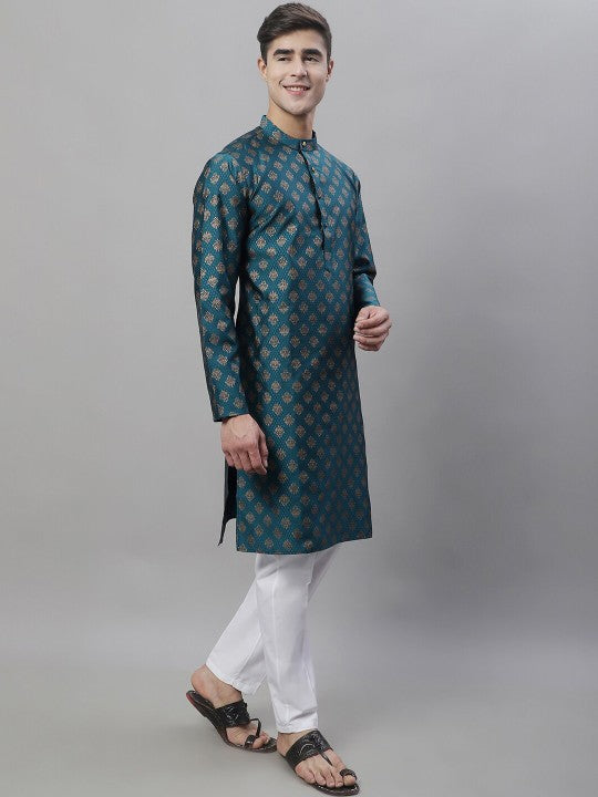 Teal Blue & White Ethnic Motifs Woven Design Kurta with Pyjamas