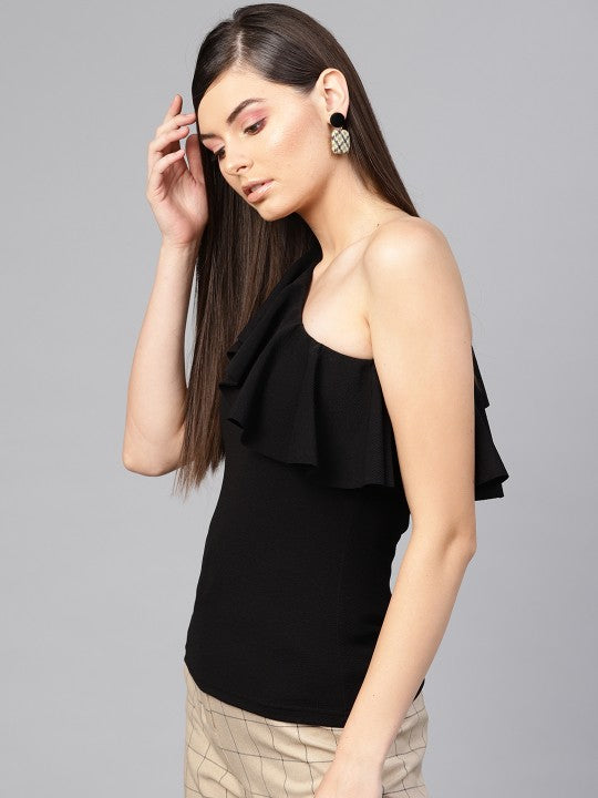Women Black Solid Fitted One-Shoulder Top