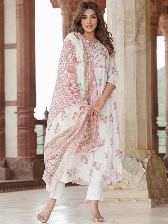 Ethnic Motifs Printed Empire Thread Work Pure Cotton Kurta with Trousers & Dupatta