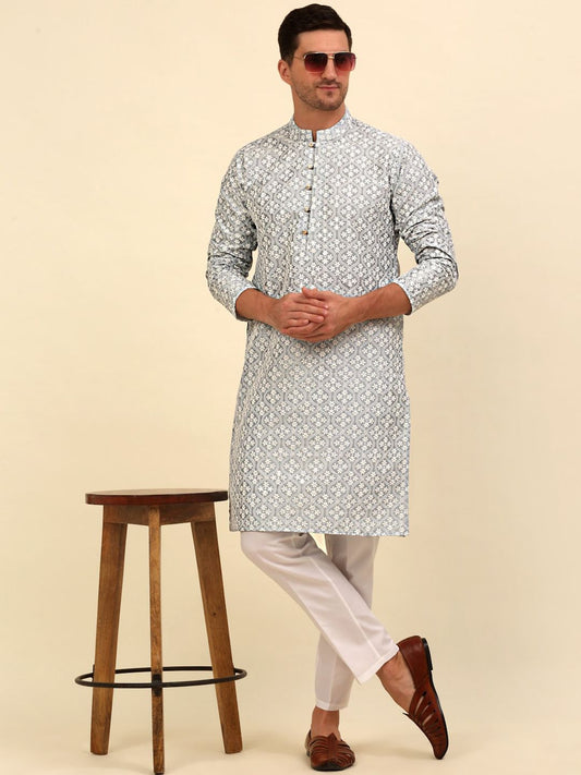 Grey & White Floral Embroidered Kurta