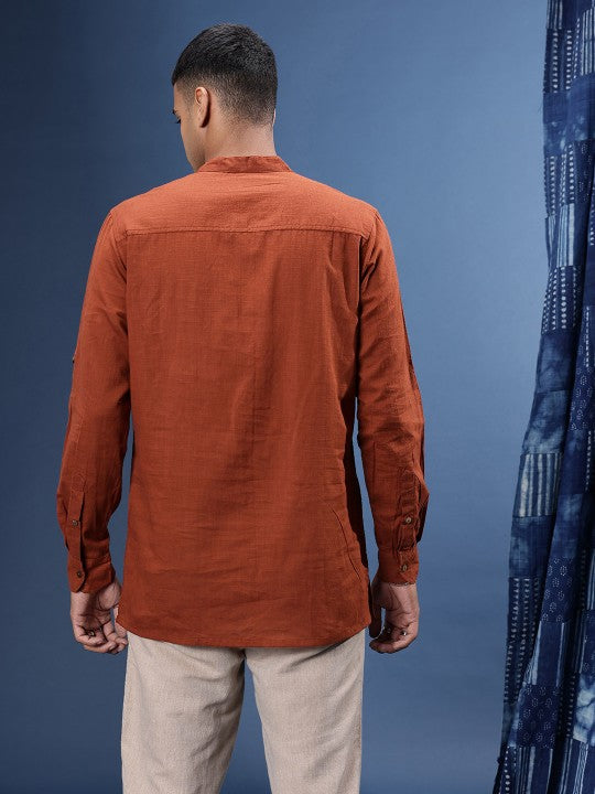 Pure Cotton Thread Work Roll-Up Sleeves Woven Legacy Kurta