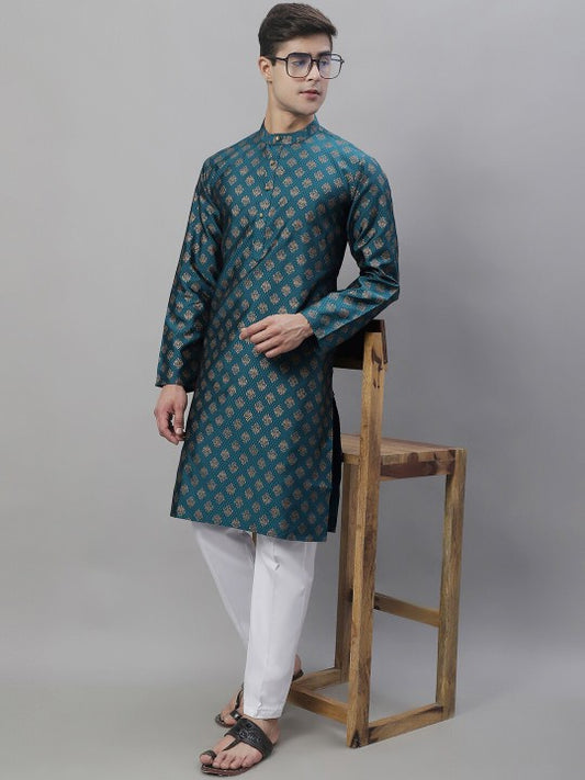 Teal Blue & White Ethnic Motifs Woven Design Kurta with Pyjamas