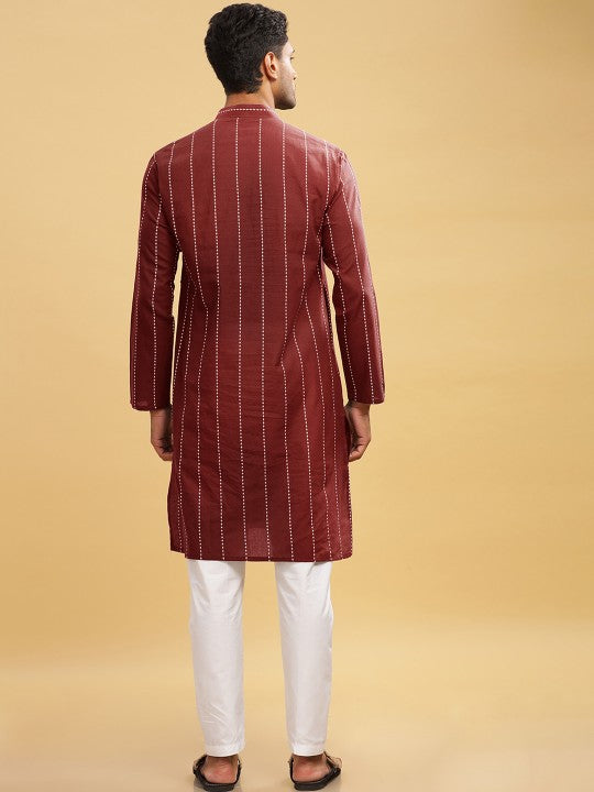 Maroon Striped Band Collar Straight Cotton Kurta