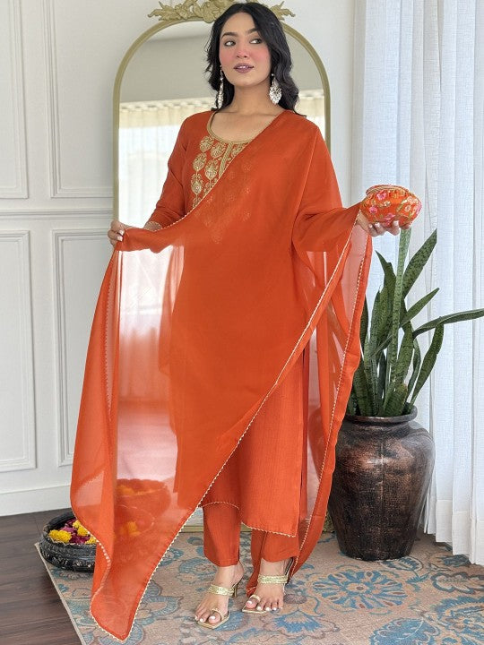 Women Ethnic Motifs Embroidered Thread Work Pure Silk Kurta with Trousers & Dupatta