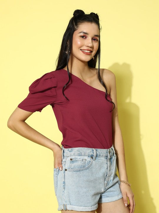 Berrylush Red One Shoulder Puff Sleeve Top