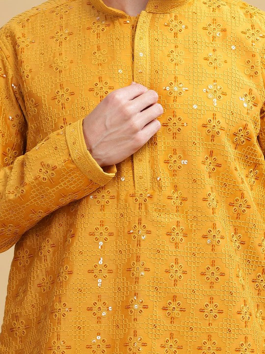 Yellow Ethnic Embroidered Mandarin‑Collar Sequinned Lucknowi Cotton Straight Kurta