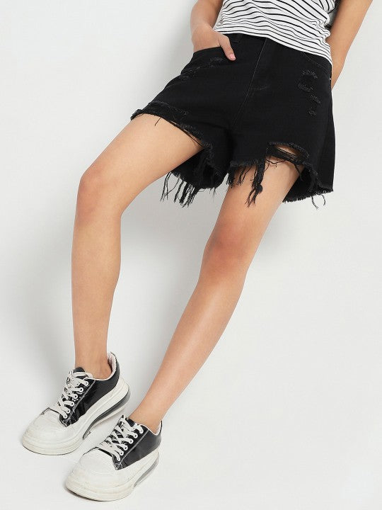 Frayed Hem Distressed Denim Shorts