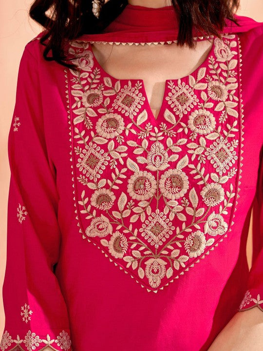 Pink Floral Yoke Design Thread Work Chanderi Silk Kurta with Trousers & Dupatta