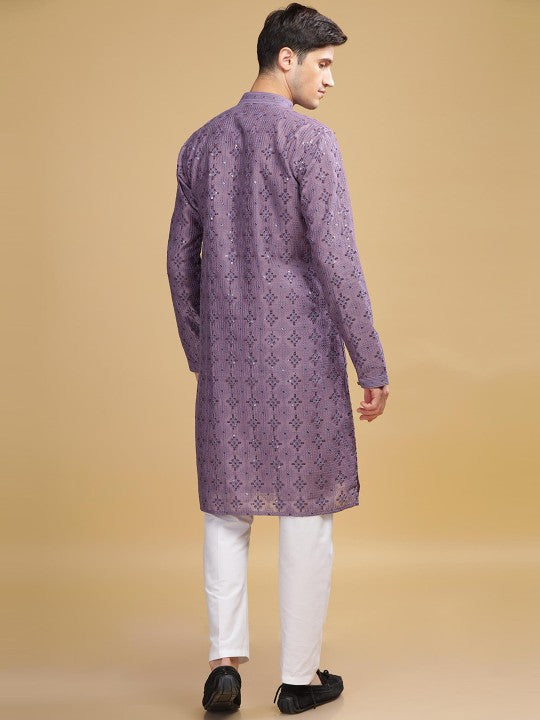 Purple Ethnic Embroidered Mandarin‑Collar Sequinned Lucknowi Cotton Straight Kurta