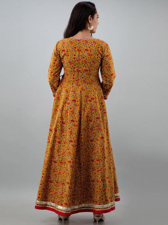 Women Mustard Yellow & Red Ethnic Motifs Printed Angrakha Anarkali Kurta