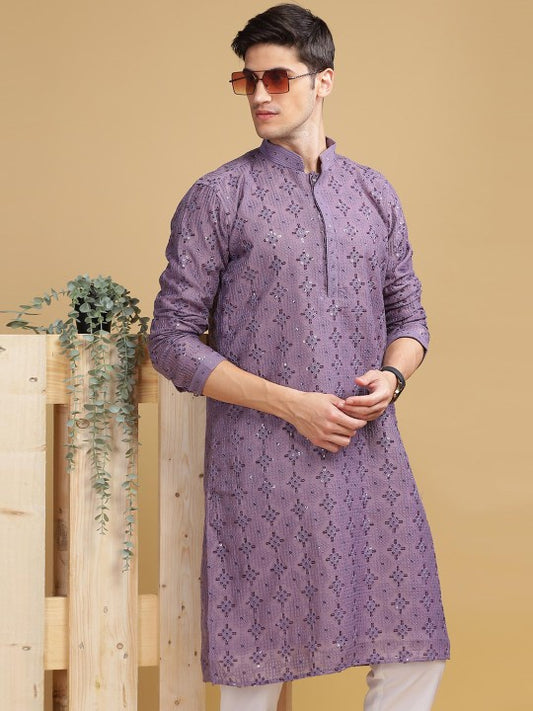 Purple Ethnic Embroidered Mandarin‑Collar Sequinned Lucknowi Cotton Straight Kurta