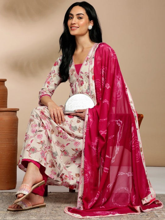 Cream Floral Printed V‑Neck Pure Cotton Anarkali Kurta with Trousers & Dupatta
