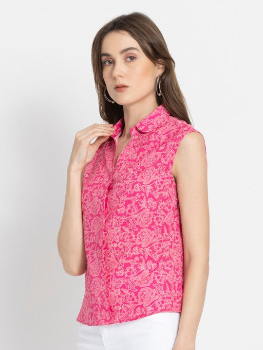 Floral Printed Shirt Collar Crepe Top