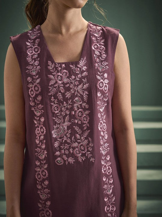 Mauve Embroidered Tunic with Trousers and Scarf